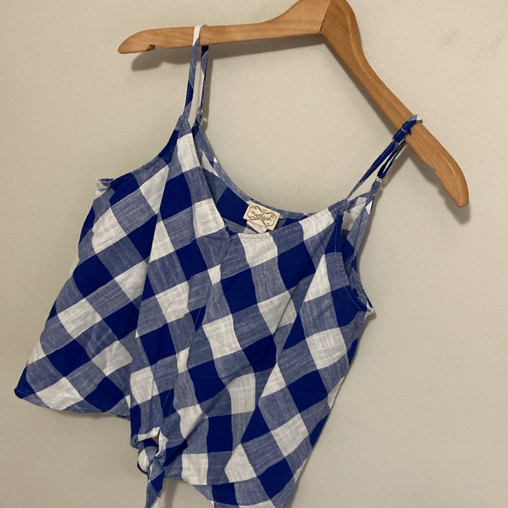 Eyelash Couture Blue and White Buffalo Plaid Tie Front Camisole Tank, Size Large